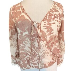 Women's Cream & Pink Tie Dye Faux Wrap Boho Lace Asymmetrical Long Sleeve Top S